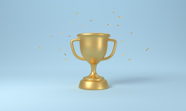 Copa de trofeo de oro con confeti cayendo sobre fondo azul renderizado 3d