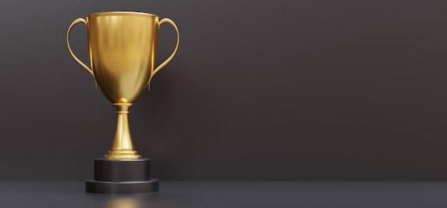 Copa de trofeo de oro con doble mango en un fondo gris vacío Recompensa metálica brillante Renderizado en 3D del espacio de copia