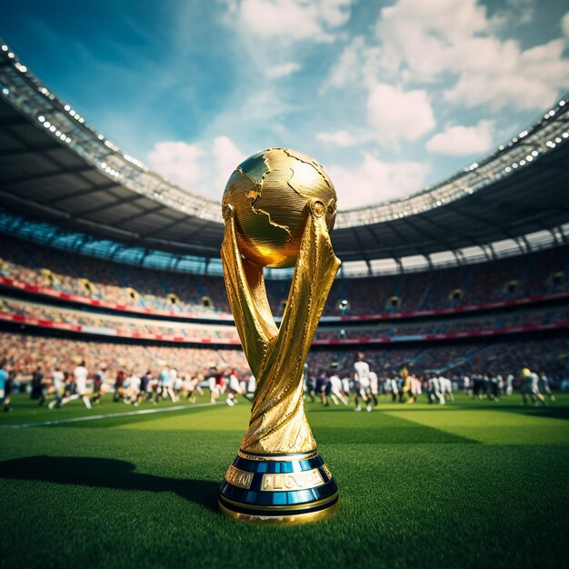 Foto copa del trofeo de oro en el fondo del estadio