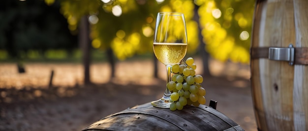 Una copa de vino en un barril vintage de madera con alcohol y racimos de uvas frescas ai generativo