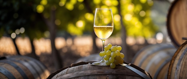 Una copa de vino en un barril vintage de madera con alcohol y racimos de uvas frescas ai generativo