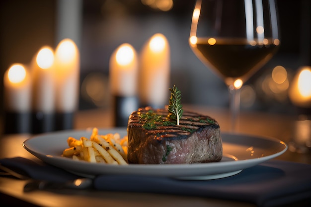 Una copa de vino y un bistec en una mesa con una vela al fondo