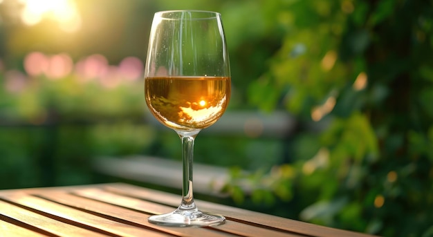 una copa de vino blanco está sobre una mesa al aire libre