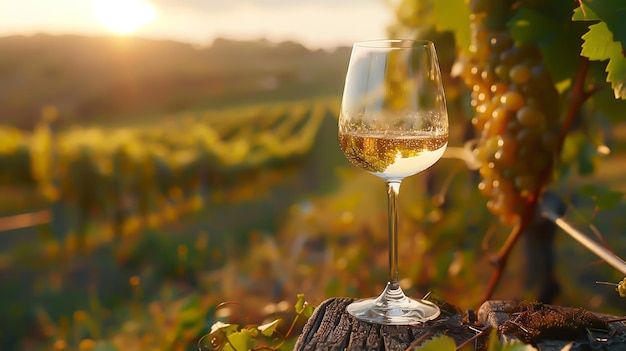 Una copa de vino blanco en el fondo de un viñedo
