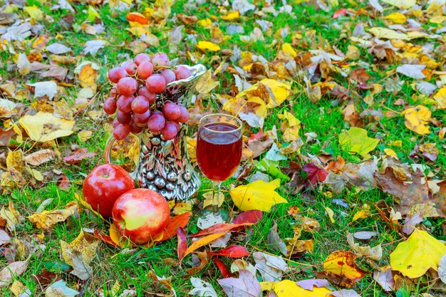 Copa de vino blanco con hojas de otoño contra