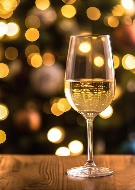 Copa de vino blanco en una mesa de madera con fondo de luces bokeh