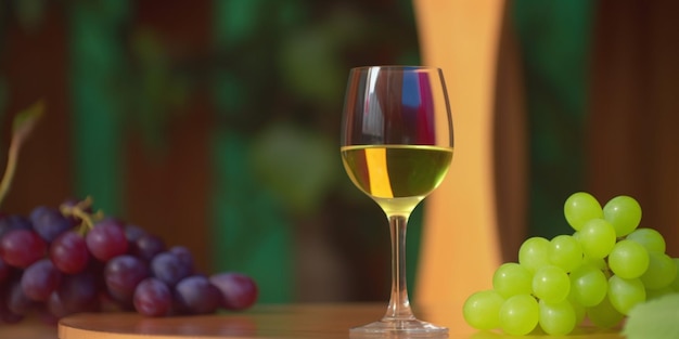 Una copa de vino blanco se sienta en una mesa junto a un racimo de uvas.