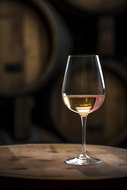 Copa de vino blanco sobre fondo de barricas de roble de madera en bodega de bodega IA generada