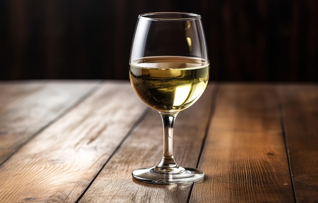 Copa de vino blanco sobre una mesa de madera en un restaurante