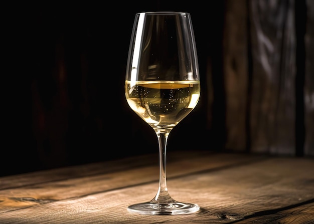 Copa de vino blanco sobre una mesa de madera en un restaurante