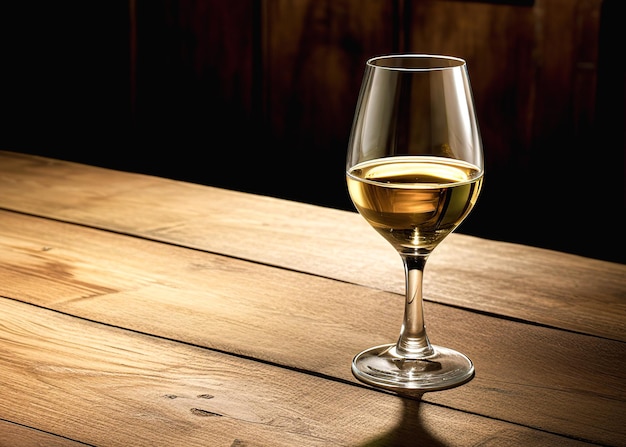 Copa de vino blanco sobre una mesa de madera en un restaurante