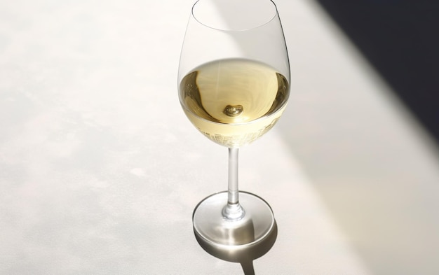 Una copa de vino blanco con una sombra sobre la mesa.