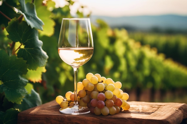 Una copa de vino blanco con uvas en el viñedo.