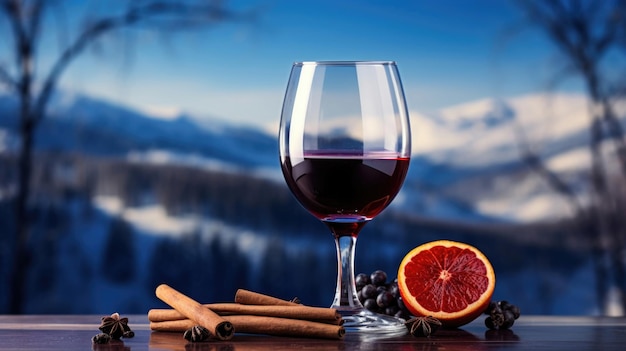 Una copa de vino caliente sobre un fondo de montaña invernal