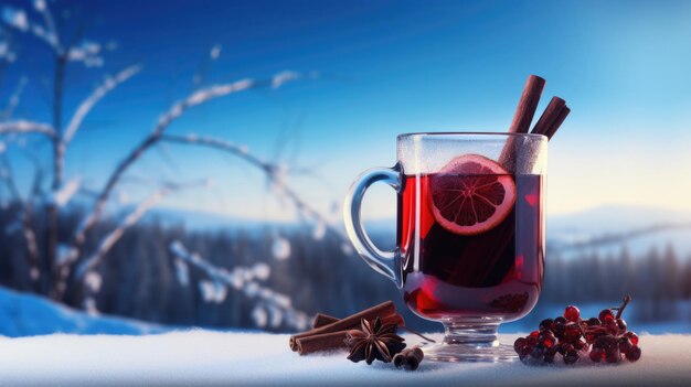 Una copa de vino caliente sobre un fondo de montaña invernal