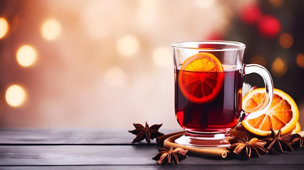 Una copa de vino caliente sobre una mesa de madera sobre fondo navideño con luces boken y espacio para copiar Bebidas calientes Copa de cóctel de vino tinto caliente con especias rodaja de naranja, canela y estrellas de anís