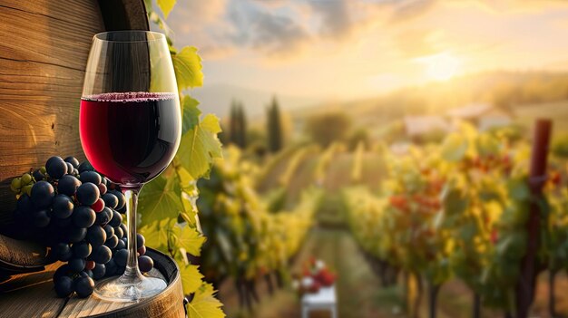 Copa de vino contra el fondo de un campo de uvas puesta de sol luz solar suave vidrio de alcohol rubí paisaje líquido calma y deleite en la belleza de la naturaleza concepto generativo por IA