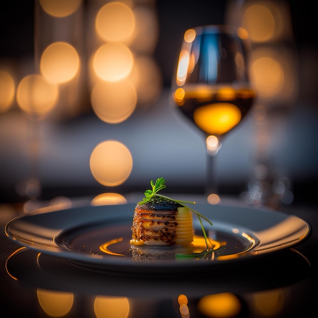 Una copa de vino está al lado de un plato de comida con un trozo de comida.