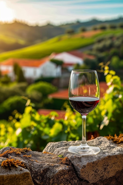 Una copa de vino está sentada en una roca con viñedos en el fondo.