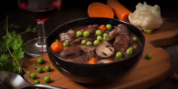 Una copa de vino está sobre una mesa con un plato de comida.