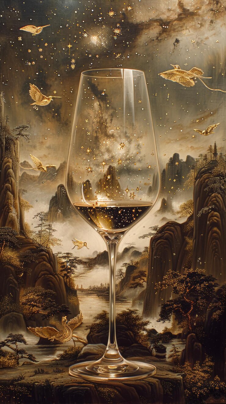 una copa de vino bajo las estrellas con galaxia salpicada de estrellas en el estilo de cuadros psicodélicos metaficción