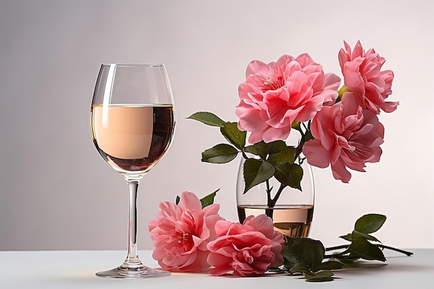 Copa de vino y flores rosas.