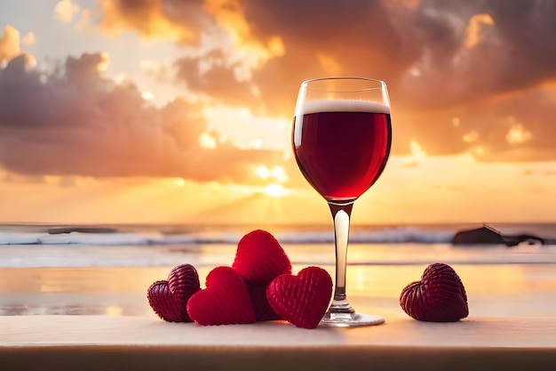 Una copa de vino con fresas en la playa.