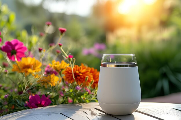 Una copa de vino en una mesa con flores