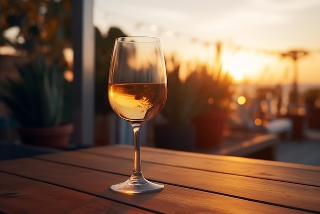 Una copa de vino en una mesa de madera en una terraza