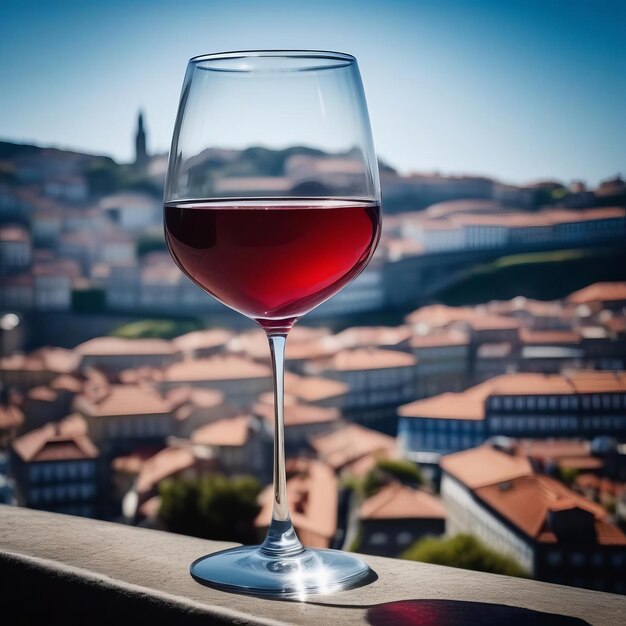 Una copa de vino de Oporto contra un día soleado en el centro de la ciudad