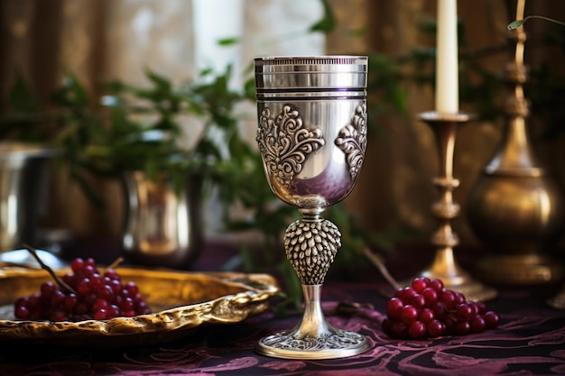 Copa de vino de plata para kidush sobre una mesa decorada
