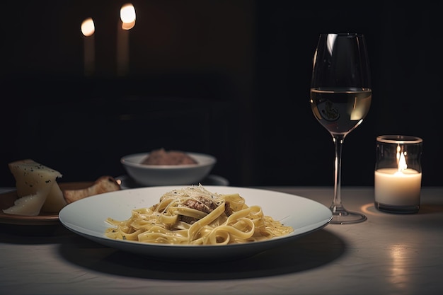 Una copa de vino y un plato de pasta con carne y queso.