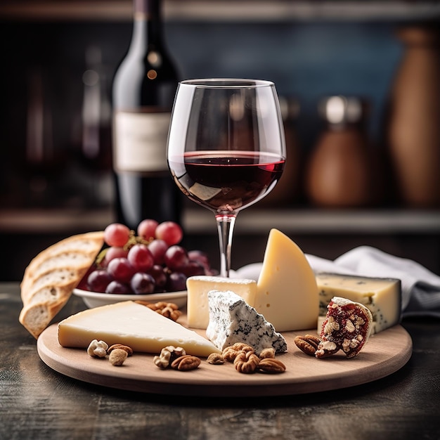 copa de vino con rebanada de queso fondo de una bodega