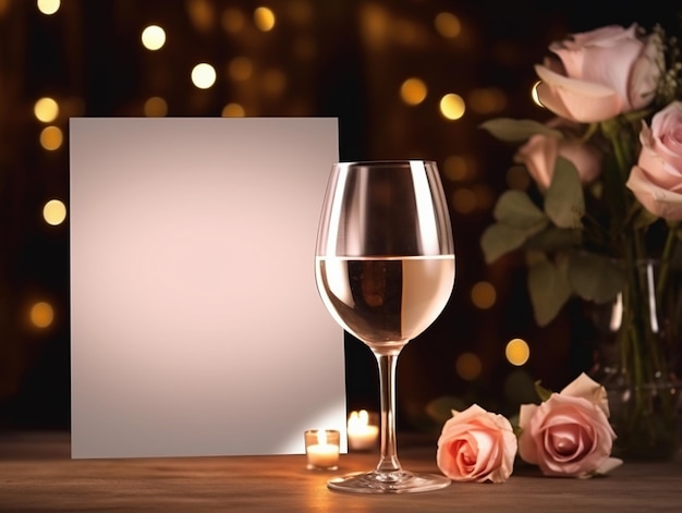 Foto copa de vino con rosa y tarjeta de felicitación para un ambiente romántico