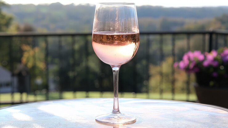 Una copa de vino rosado con una vista