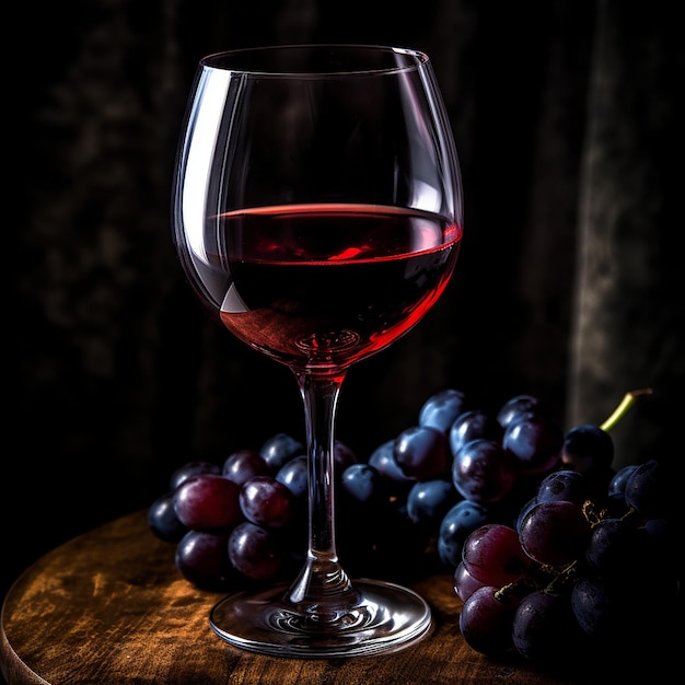 Una copa de vino se sienta en una mesa junto a un racimo de uvas.
