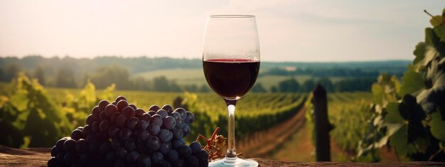 Una copa de vino sobre una mesa con un racimo de uvas con vistas a un campo soleado de verano con viñedos IA generativa