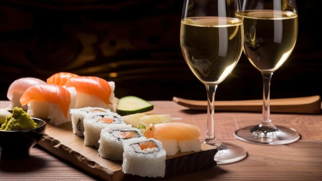 Una copa de vino y sushi en una mesa.