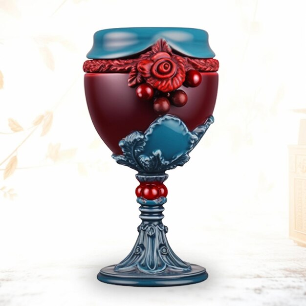 Una copa de vino tinto y azul con una cuenta roja y una flor en el fondo.