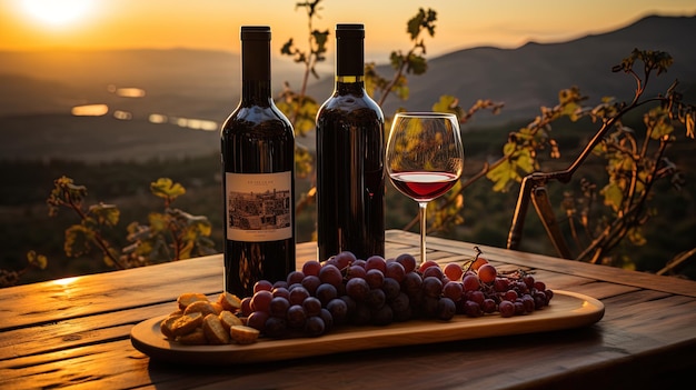 Una copa de vino tinto y una botella de uvas de campo como acompañamiento