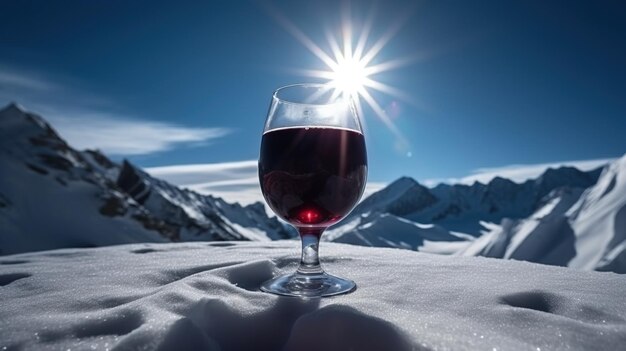 Una copa de vino tinto caliente, vino caliente, fondo de primer plano de picos de esquí cubiertos de nieve de las montañas.