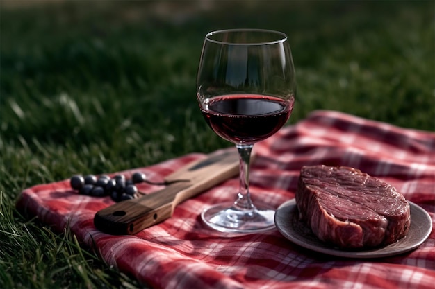 Copa de vino tinto y carne de pie sobre una alfombra de picnic