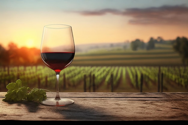 Una copa de vino tinto contra el telón de fondo de los viñedos al atardecer IA generativa