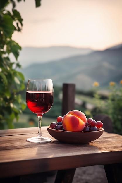 Copa de vino tinto con frutas en la mesa de madera con paisaje de montaña en la espalda