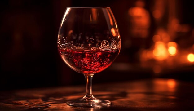Una copa de vino tinto se sienta en la barra de un bar.