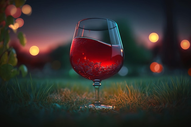 Copa de vino tinto sobre hierba verde en la noche