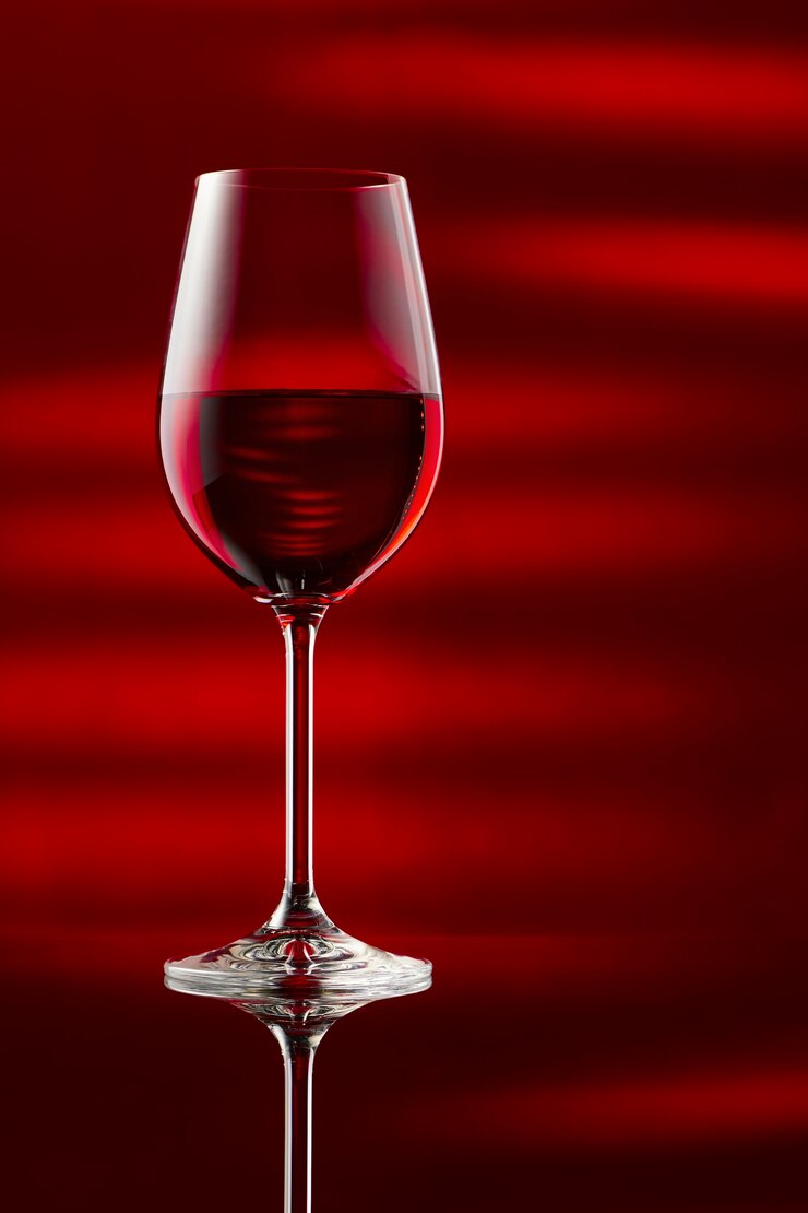 Una copa de vino tinto sobre una mesa brillante.