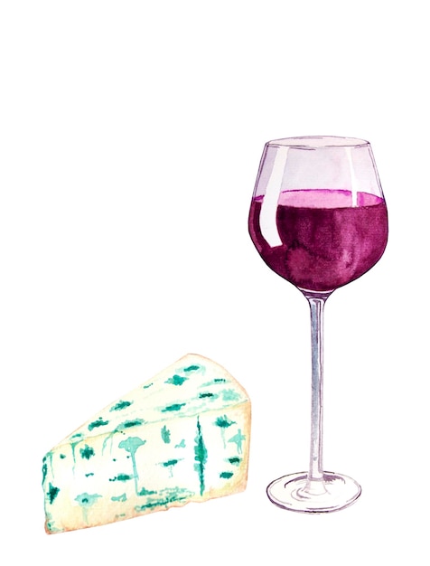 Copa de vino tinto y un trozo de queso azul sobre fondo blanco ilustración acuarela Fiesta o vacaciones relajantes