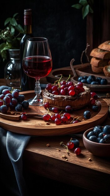 Una copa de vino tinto y un trozo de queso sobre una tabla de madera con uvas.