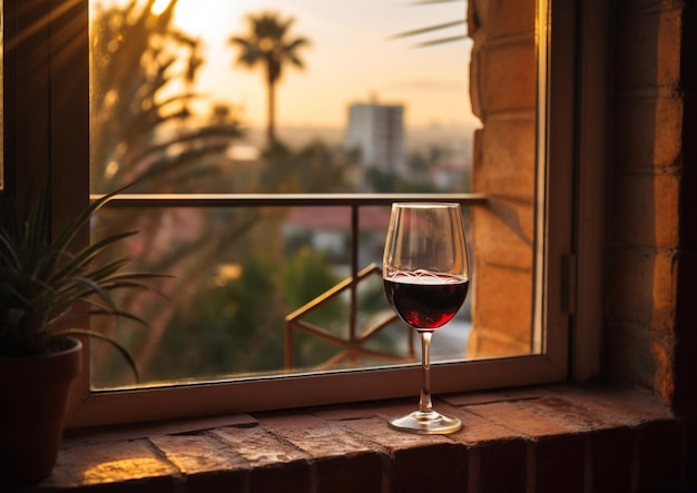 Una copa de vino tinto en la ventana con una hermosa vista de la ciudad vieja en una noche de veranoAI Generative
